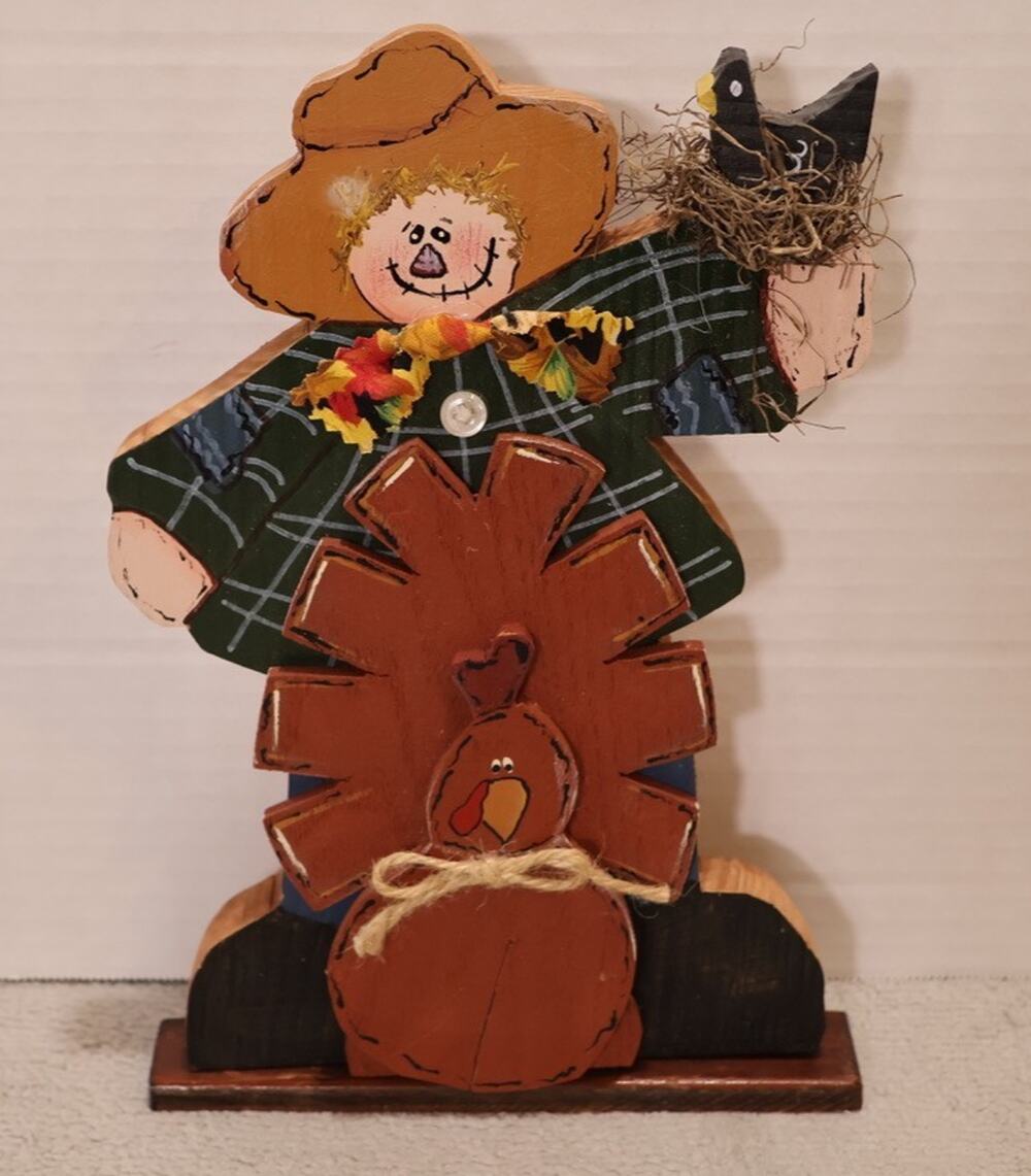 Handmade Wood Scarecrow Turkey Decoration Autumn Thanksgiving Vintage